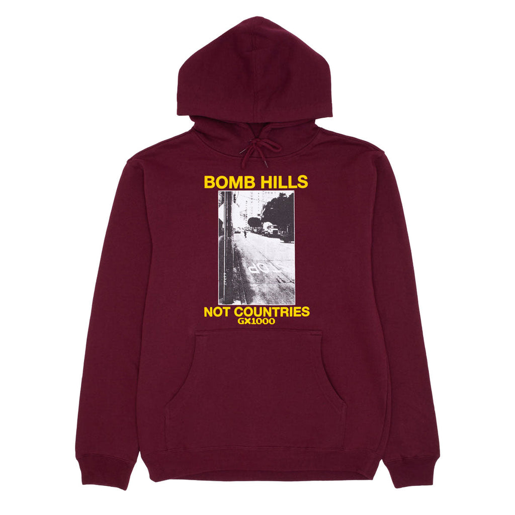 GX1000 Bomb Hills Not Countries Hoodie - Burgundy/Yellow Font