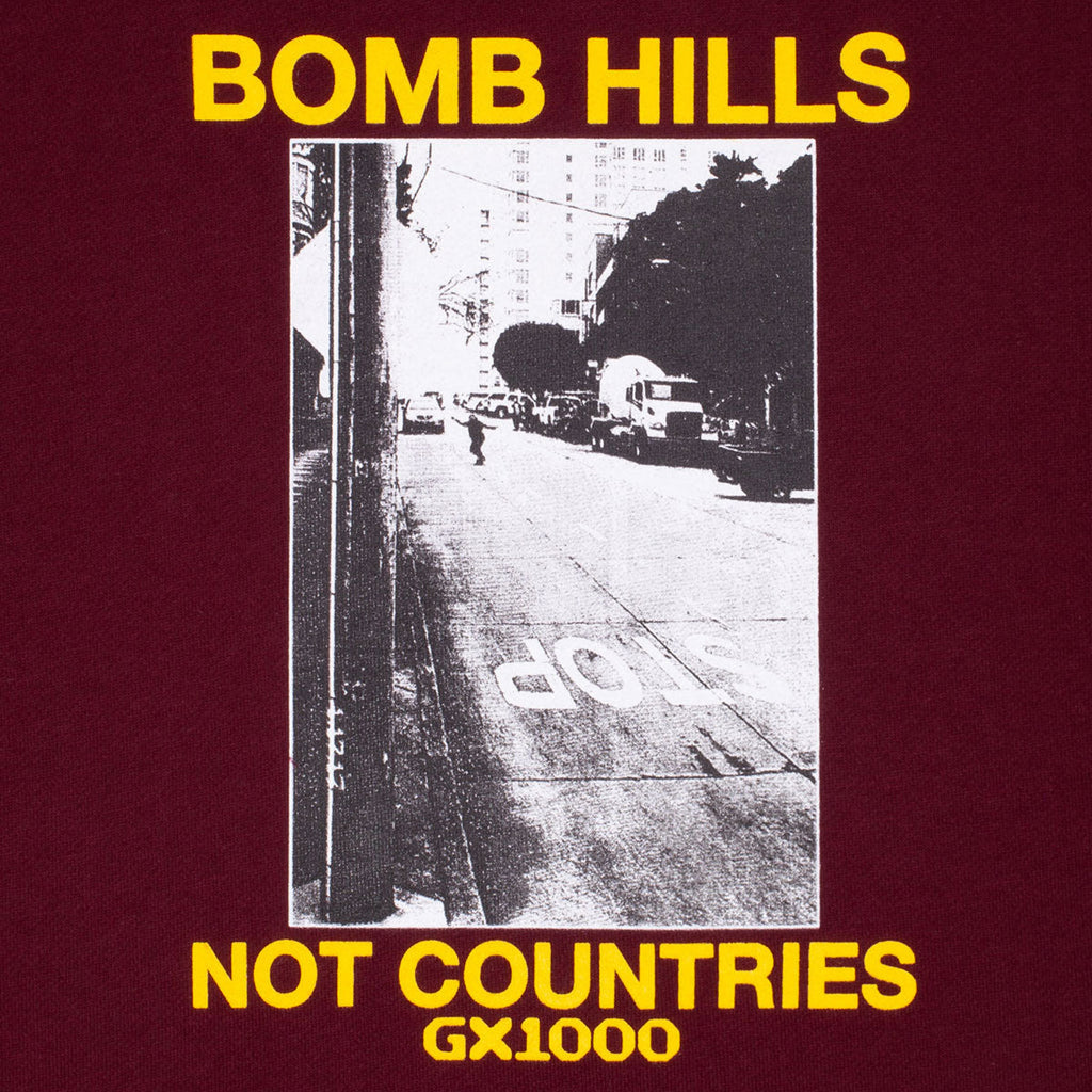 GX1000 Bomb Hills Not Countries Hoodie - Burgundy/Yellow Font